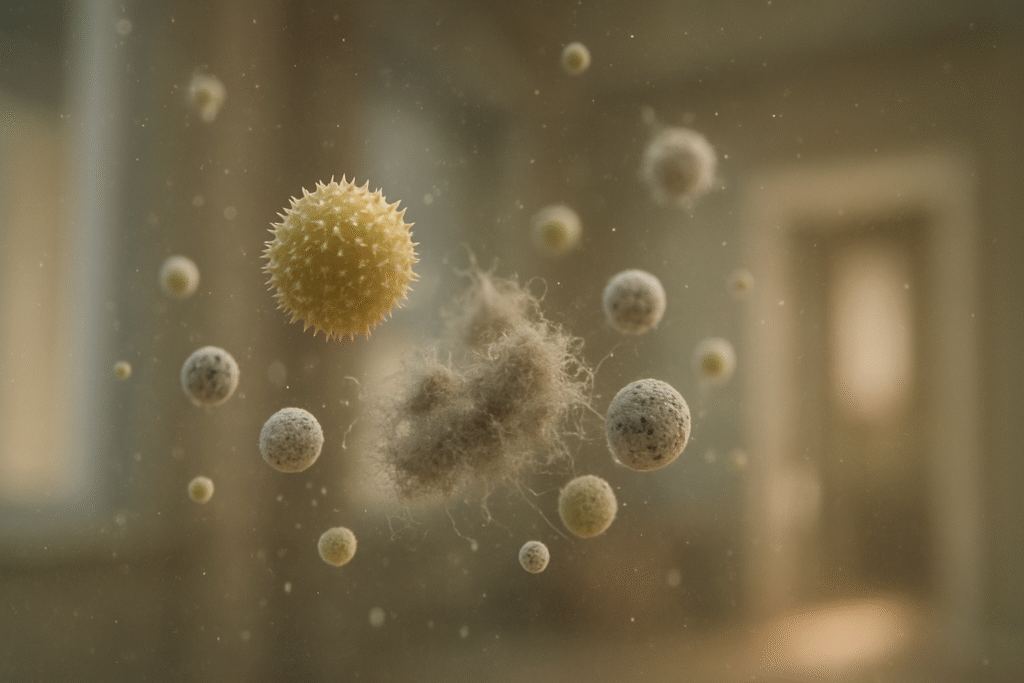 Close-up of dust and pollen particles floating in the air inside a home