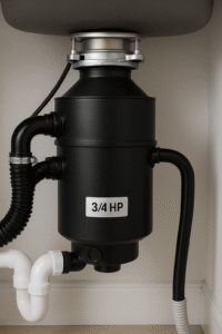 High-powered garbage disposal unit under a kitchen sink.