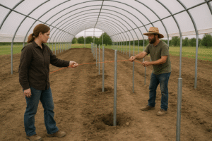 Farmers aligning high tunnel posts using layout tape