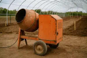 Old 1970s concrete mixer being used for greenhouse construction