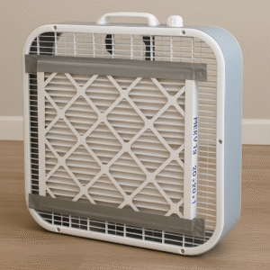 DIY box fan air purifier made with a MERV 13 filter taped to the back.