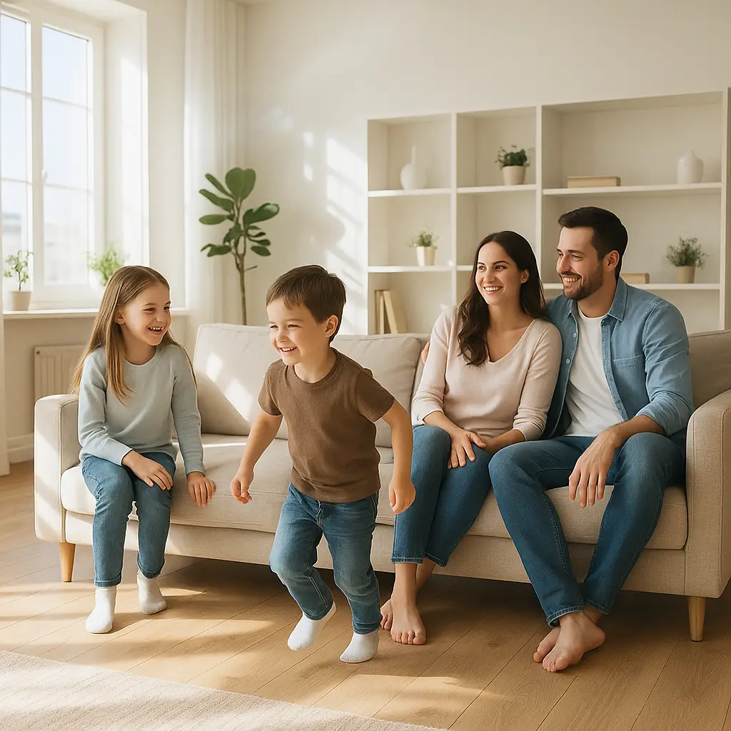 Family relaxing in a bright living room representing healthier indoor air