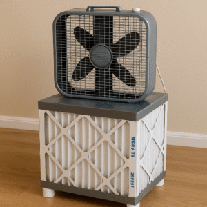 Multi-filter cube DIY air purifier with fan on top.