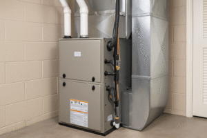 Modern high-efficiency furnace installed in a home utility room.