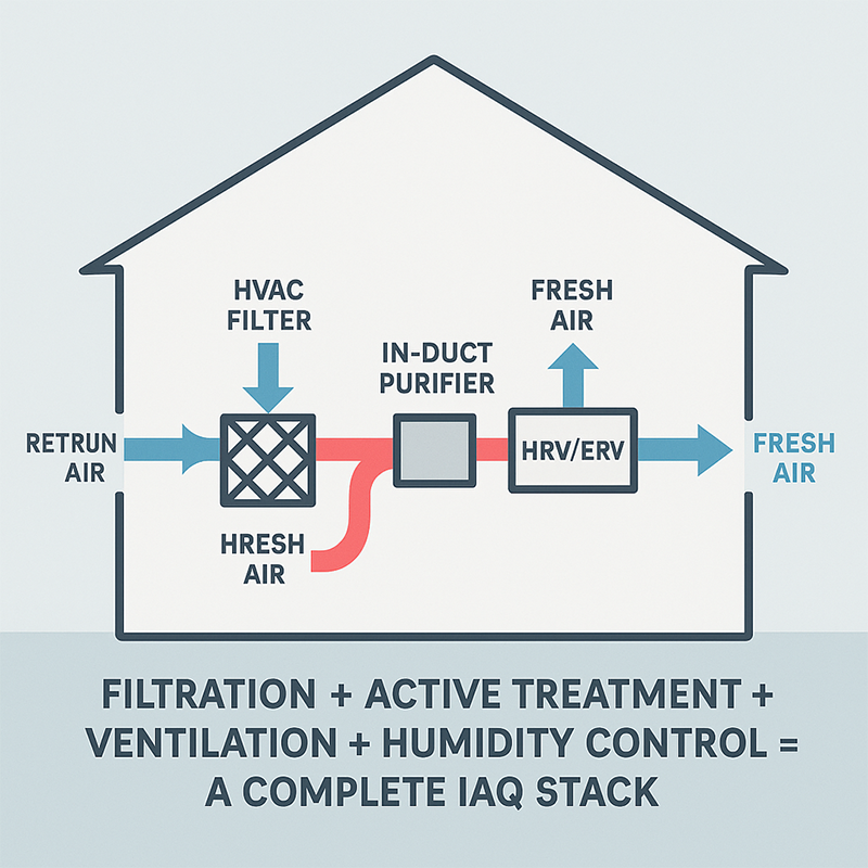 Diagram showing HVAC filter, in-duct purifier, and HRV/ERV airflow.