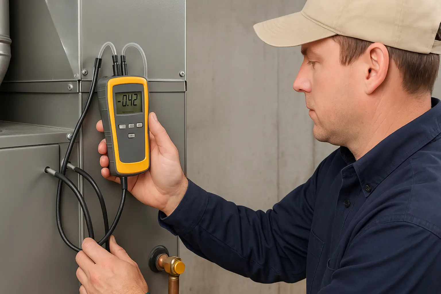 “HVAC technician measuring static pressure during commissioning.