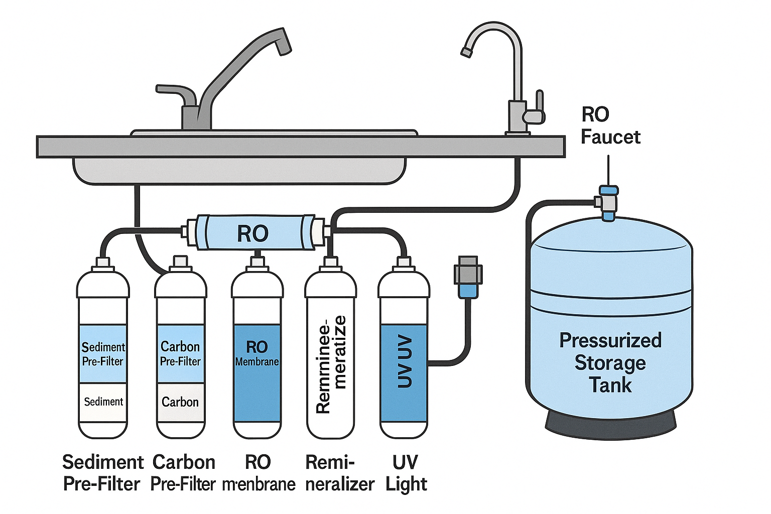 Diagram of an under-sink reverse osmosis system showing sediment, carbon, RO membrane, remineralizer, and UV