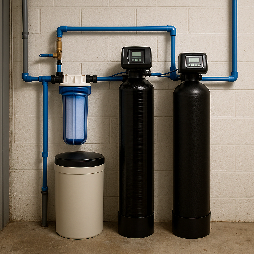 Whole-home water filtration tanks and softener installed in a utility room