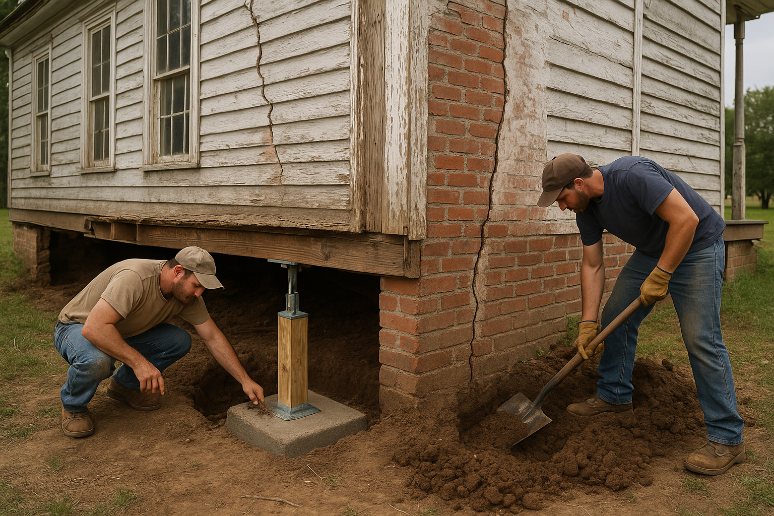 Workers repairing the foundation of an old farmhouse with exposed beams