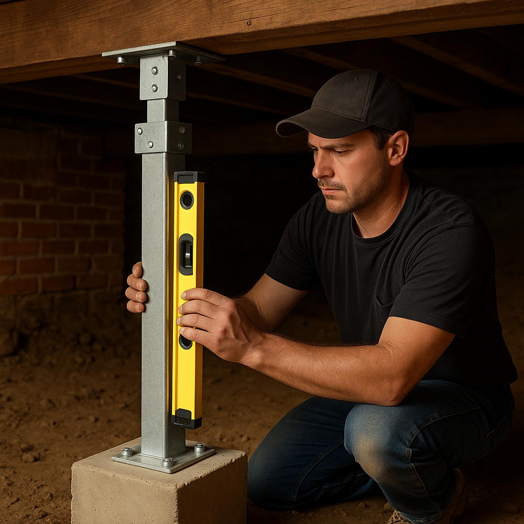 Contractor using a level to check new supports in a crawl space.