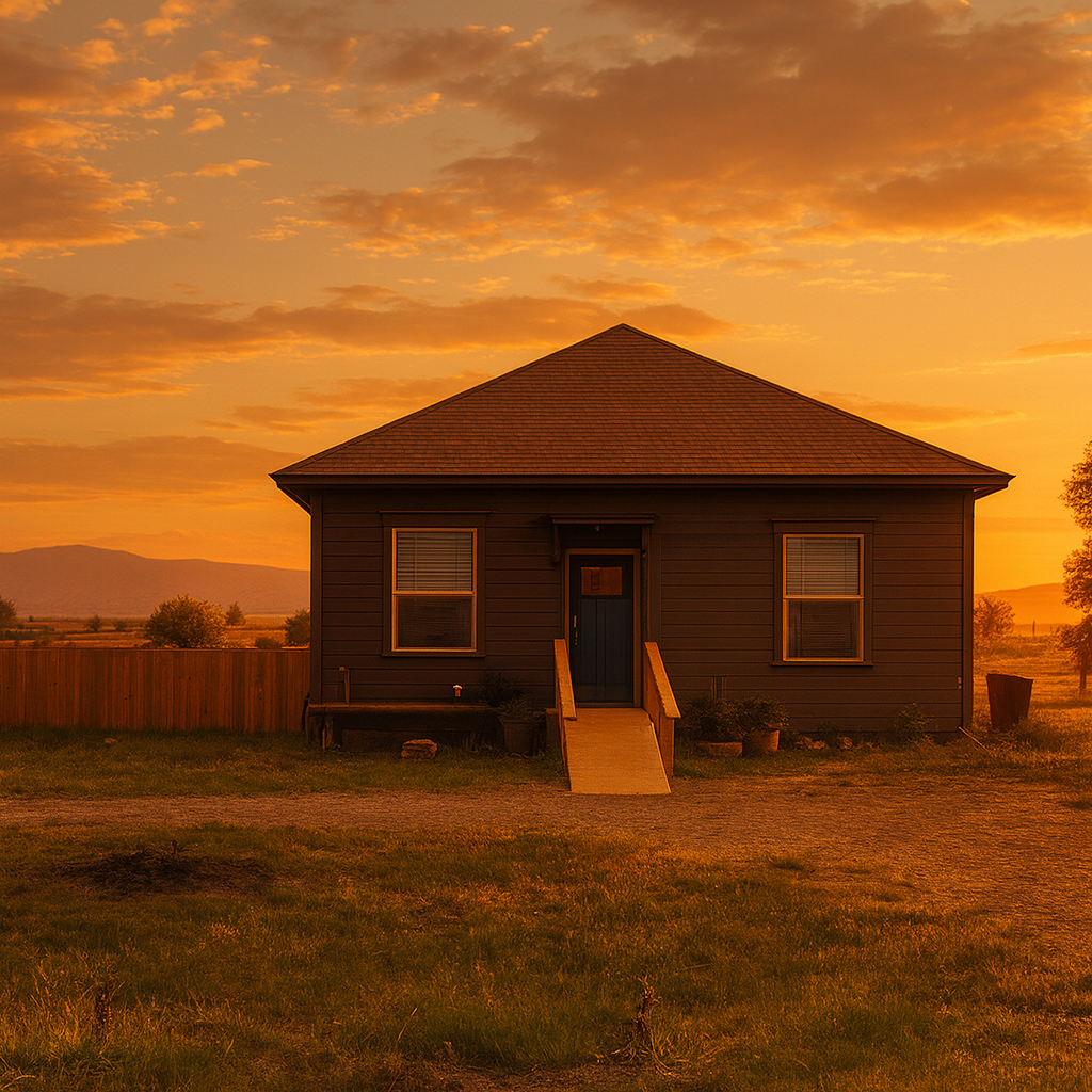 Restored historic farmhouse with warm sunset lighting