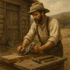 Historical representation of a pioneer working with tools