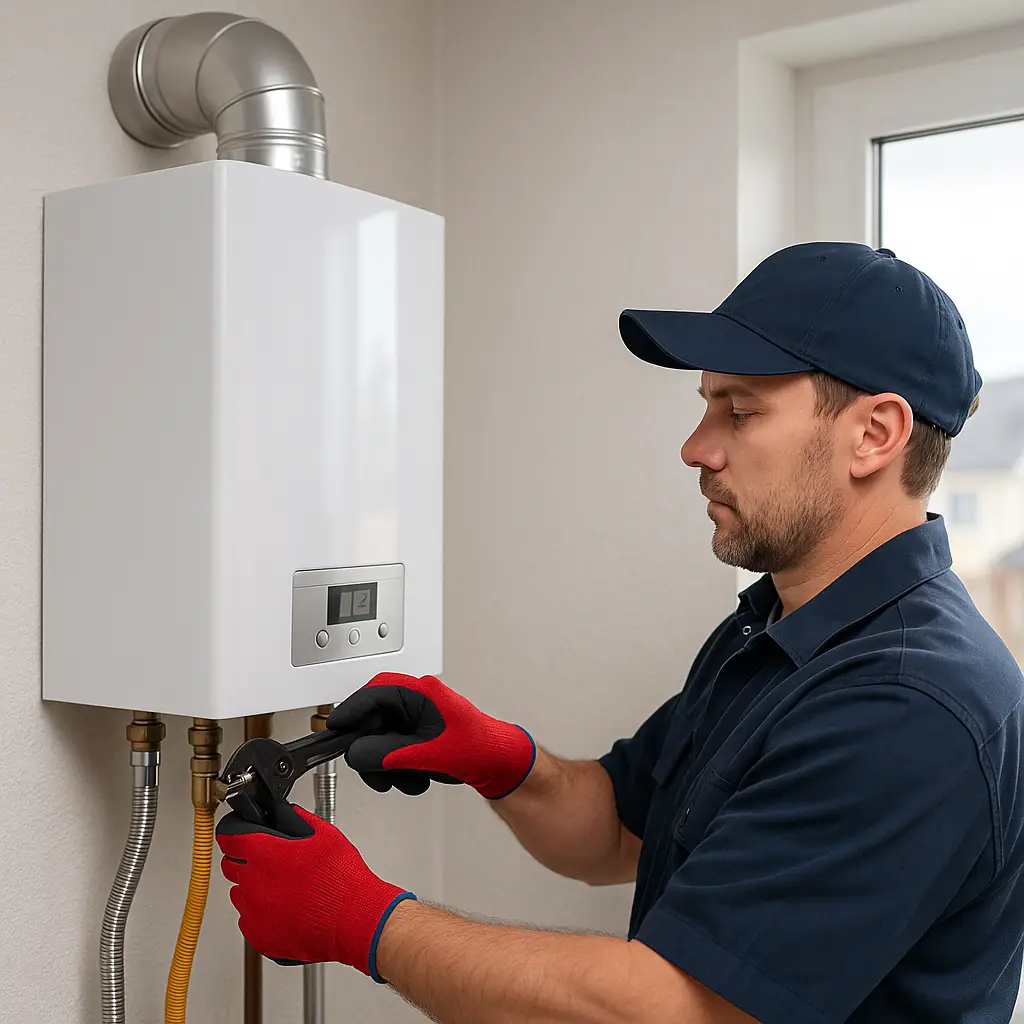 “Technician installing a modern gas water heater in a Utah home.”