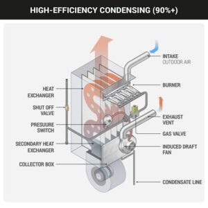 Diagram showing primary and secondary heat exchangers in a 95% furnace