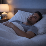 Person unable to relax in quiet bedroom