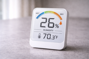 Indoor hygrometer showing low humidity level