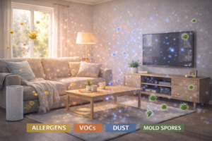 Visually clean living room with hidden indoor air pollutants