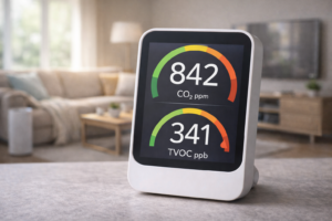 Air quality monitor displaying CO2 and VOC levels