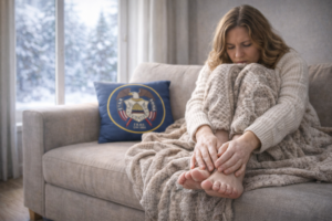 Utah homeowner sitting on couch with blanket, rubbing cold feet in winter