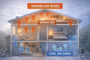 Diagram showing warm air rising and cool air sinking in a two-story home