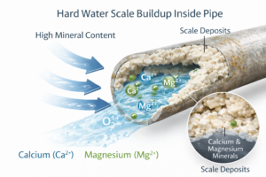 Mineral scale buildup inside plumbing pipe