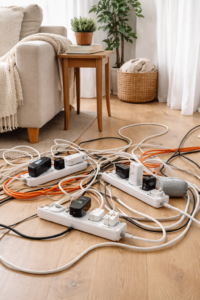 Living room corner with multiple power strips and tangled extension cords