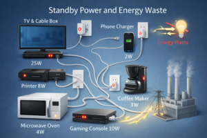 Diagram showing phantom energy use and heat generation from electronics