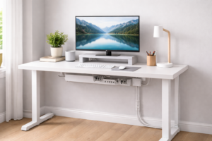 Clean home office with hidden cables and organized wiring