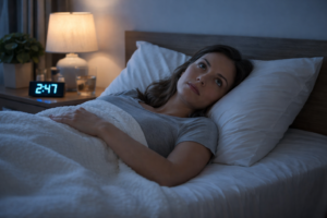 Person experiencing nighttime anxiety at home
