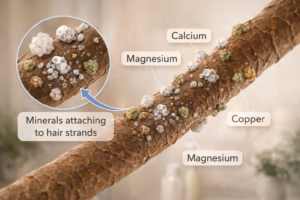 Diagram showing minerals attaching to hair strands