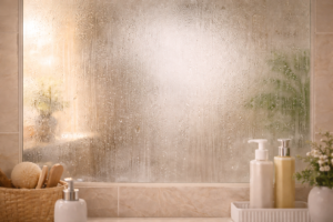 Bathroom mirror fogged with steam from hot shower
