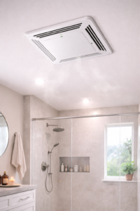 Modern bathroom exhaust fan installed in ceiling
