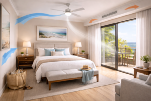 Relaxing hotel room with balanced airflow and natural light