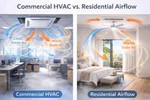 Diagram comparing commercial HVAC airflow and residential airflow