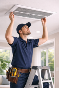 HVAC technician balancing airflow in residential home