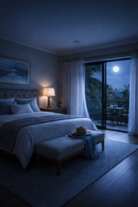 Peaceful dark bedroom during power outage with moonlight