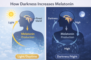 Diagram showing how darkness increases melatonin production