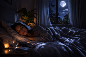 Person sleeping deeply in quiet bedroom