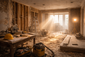 Renovation dust visible in sunlight inside home