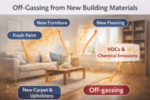 Diagram explaining off-gassing from new building materials