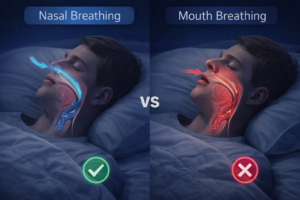 Diagram comparing nasal breathing and mouth breathing during sleep