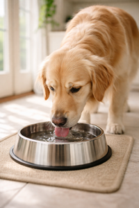 Dog drinking water from bowl in living room