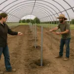 Farmers aligning high tunnel posts using layout tape