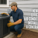 New high-efficiency air conditioner installed by a contractor