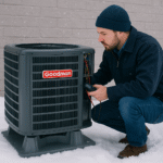 HVAC technician checking elevated heat pump installation in snowy conditions