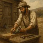 Historical representation of a pioneer working with tools