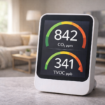 Air quality monitor displaying CO2 and VOC levels
