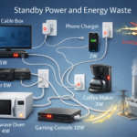 Diagram showing phantom energy use and heat generation from electronics